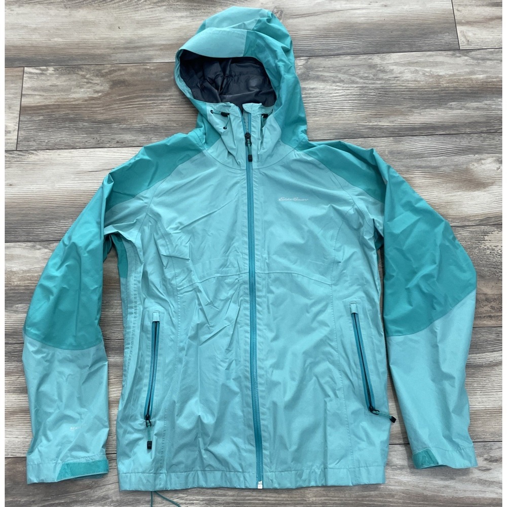 Eddie Bauer Rain Jacket Womens L Blue WeatherEdge Hooded Rain Jacket EUC!!!!